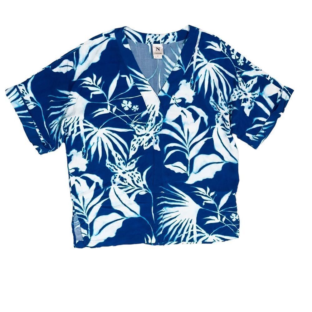 Natori Blue Floral Tropical V-Neckline Short Sleeve Blouse Top Sz M
